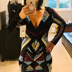 Aidan Long Sleeve Black/Multi Sequins Dress, Sz 4